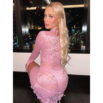 JULISSA MO Sexy See Through V-neck Longsleeve Lace Mini Dress Women 2023 Summer Skinny Hollow Out Dresses Club Party Clothes